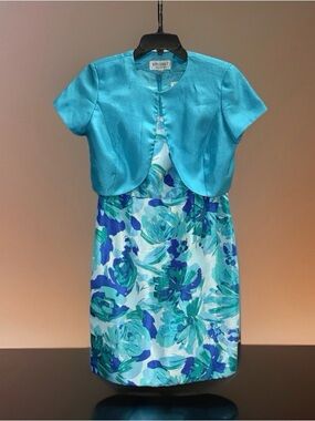 Studio I Turquoise & Blue Floral Dress Set with Bolero - 6P - EUC